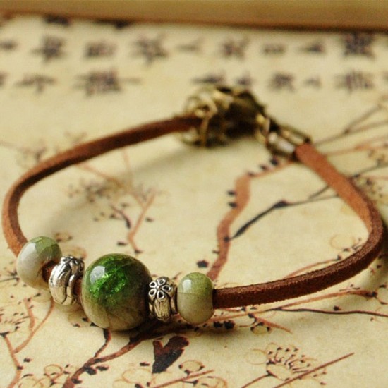 flower charm and ceramic bead leather bracelet