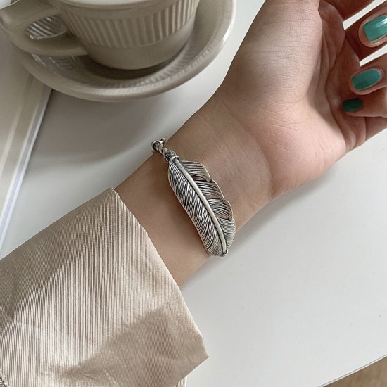 boho chunky feather sterling silver bracelet